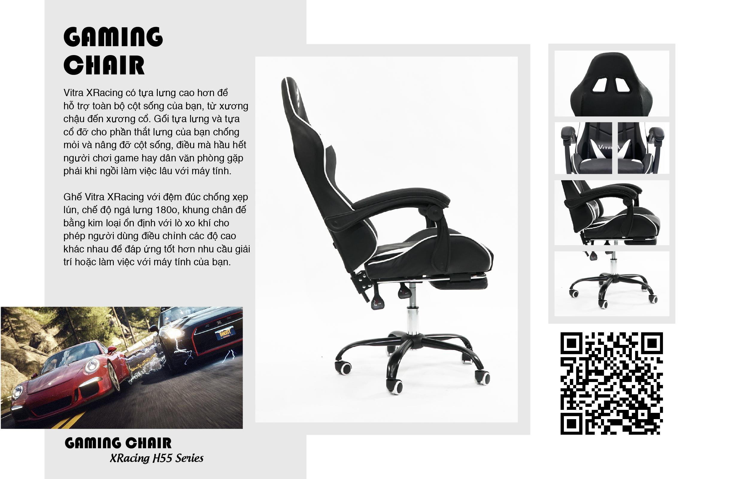 GHẾ GAME CAO CẤP VITRA XRACING H55 ĐEN-TRẮNG